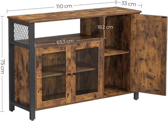 Multifunctioneel Dressoir 3 Deuren en Open Vakken Verstelbare Planken - Robuust & Stabiel Metalen Zwarte Frame Keukenkast - Opbergkast met 3 Deuren - 110x33x75cm - Industriële Stijl - Vintage Bruin Gewicht: 26,7 kg Draagvermogen oppervlak: 30 kg