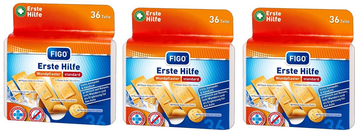 Figo | 3 x 36 stuks 1e hulp pleisters | 5 verschillende pleisters | klein en compact | voor op reis of thuis | multipack