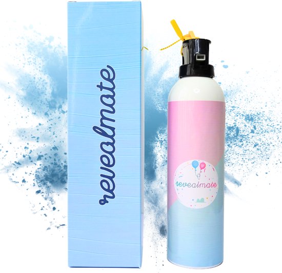 Blauw geschenkdoosje en een poederspuit met roze, paarse en blauwe kleurovergang en een ronde sticker.