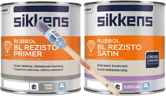 Sikkens (voor binnen) Rubol BL Rezisto primer wit 1L + sikkens rubbol bl rezisto satin RAL9001 1L + GRATIS KwastenDiscounter professionele verfkwast