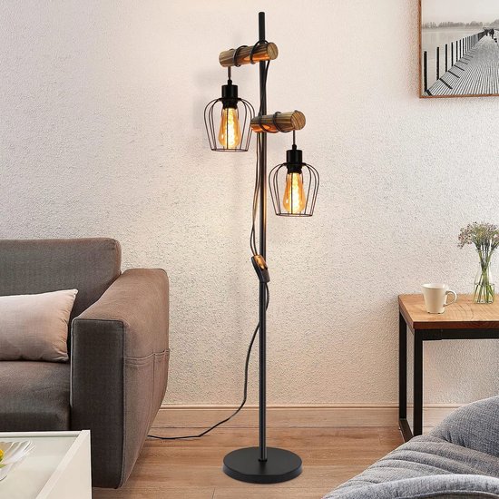 Foto: Nettlife vloerlamp zwart fitting e27 2 licht hoogte 151cm vintage metaal en hout incl schakelaar zonder lamp voor woonkamer slaapkamer kantoor