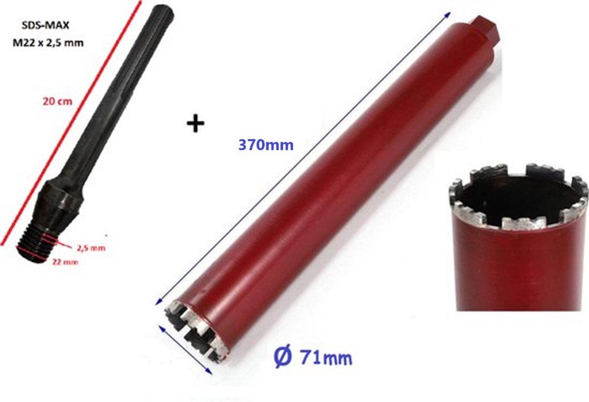 AGNT SDS-Plus Max + Kernboor diamantboor betonboor Ø 71mm x 450mm gatenboor diamantboorkroon diamant boor kernboormachine airco boorkroon aansluiting boormachine M22 x 2,5mm schroefdraad binnendraads