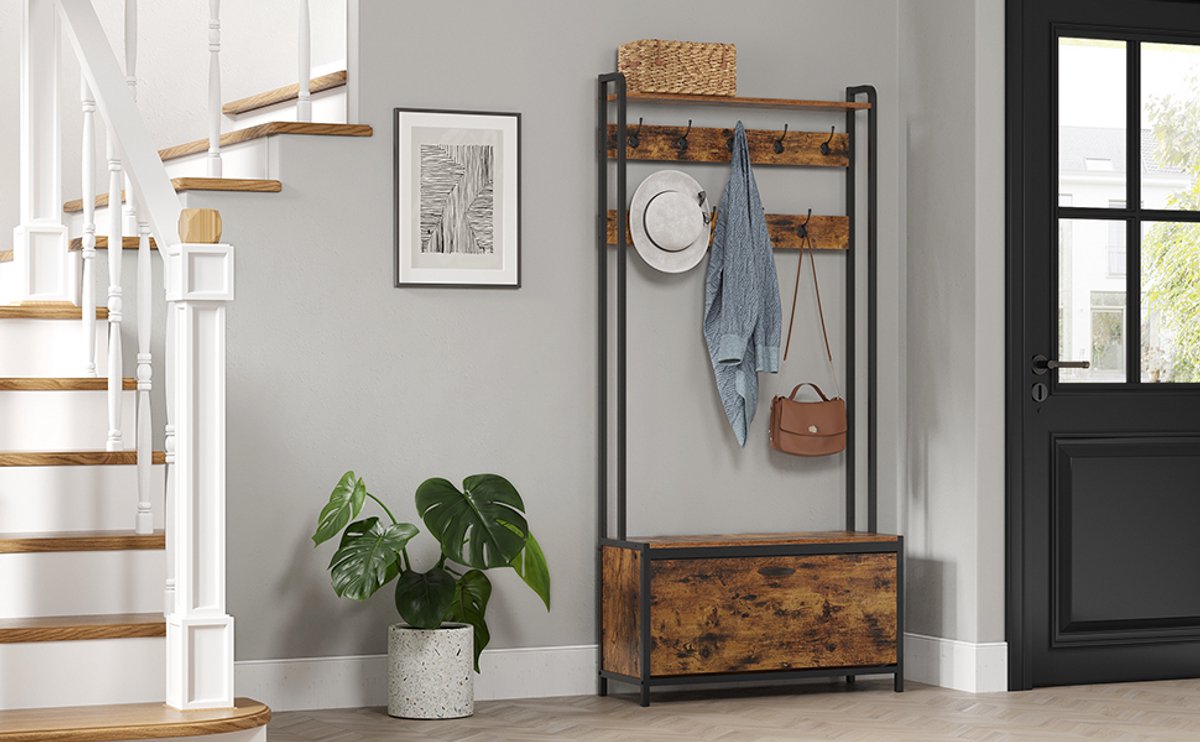 Vasagle Kapstok met schoenenrek - kapstok met bank - kledingrek - schoenenrek - 9 haken - bovenste plank - voor hal - slaapkamer - industrieel design - vintage bruin – foto 8