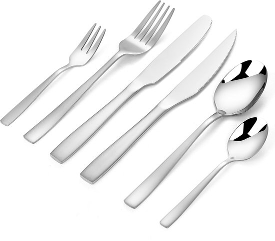 Ménagère Deleca Essential pour 8 personnes (48 pièces) - Cuillères, Couteaux, Fourchettes, Couteaux à steak et fourchettes à pâtisserie - Passe au lave-vaisselle - Argent brillant / Acier inoxydable