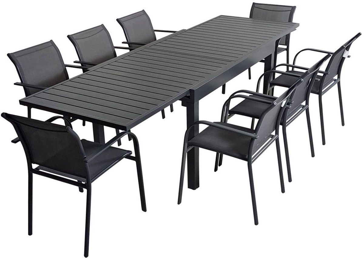 sweeek - Uittrekbare tuintafel, 8 stoelen, aluminium en textileen