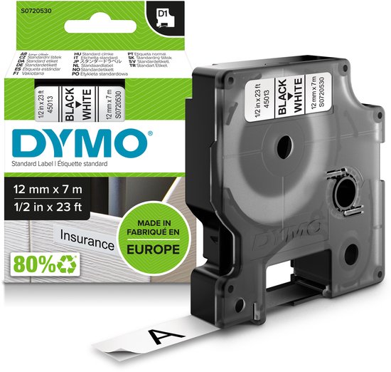 DYMO originele D1 labels | Zwarte Tekst op Wit Label | 12 mm x 7 m | Zelfklevende etiketten voor de LabelManager labelprinter | gemaakt in Europa