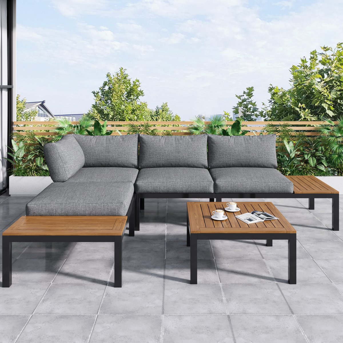 Tuinset met 2 banken, 2 bijzettafels en 1 tafel, massief acaciahouten tafelblad, grijze stoffen rugleuning