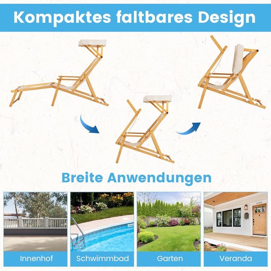 COSTWAY Zonneligstoel met dak, inklapbare ligstoel met verstelbare rugleuning, houten ligstoel, terrasstoel, strandstoel met reserveonderdelen voor tuin, strand, zwembad van Costway — afbeelding 4