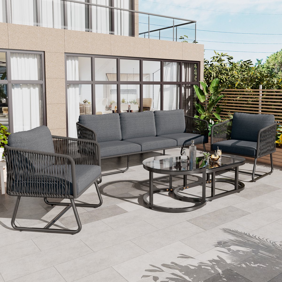 5-delige Tuinset met verzinkt ijzeren frame, grijze touw loungeset met kussens, verstelbare poten, glazen tafelblad