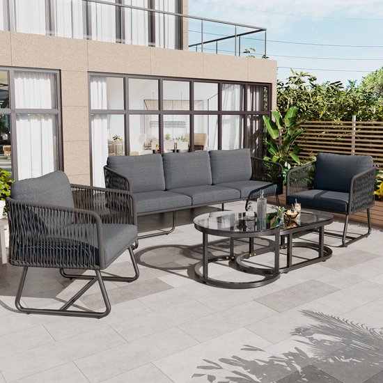 5-delige Tuinset met verzinkt ijzeren frame, grijze touw loungeset met kussens, verstelbare poten, glazen tafelblad