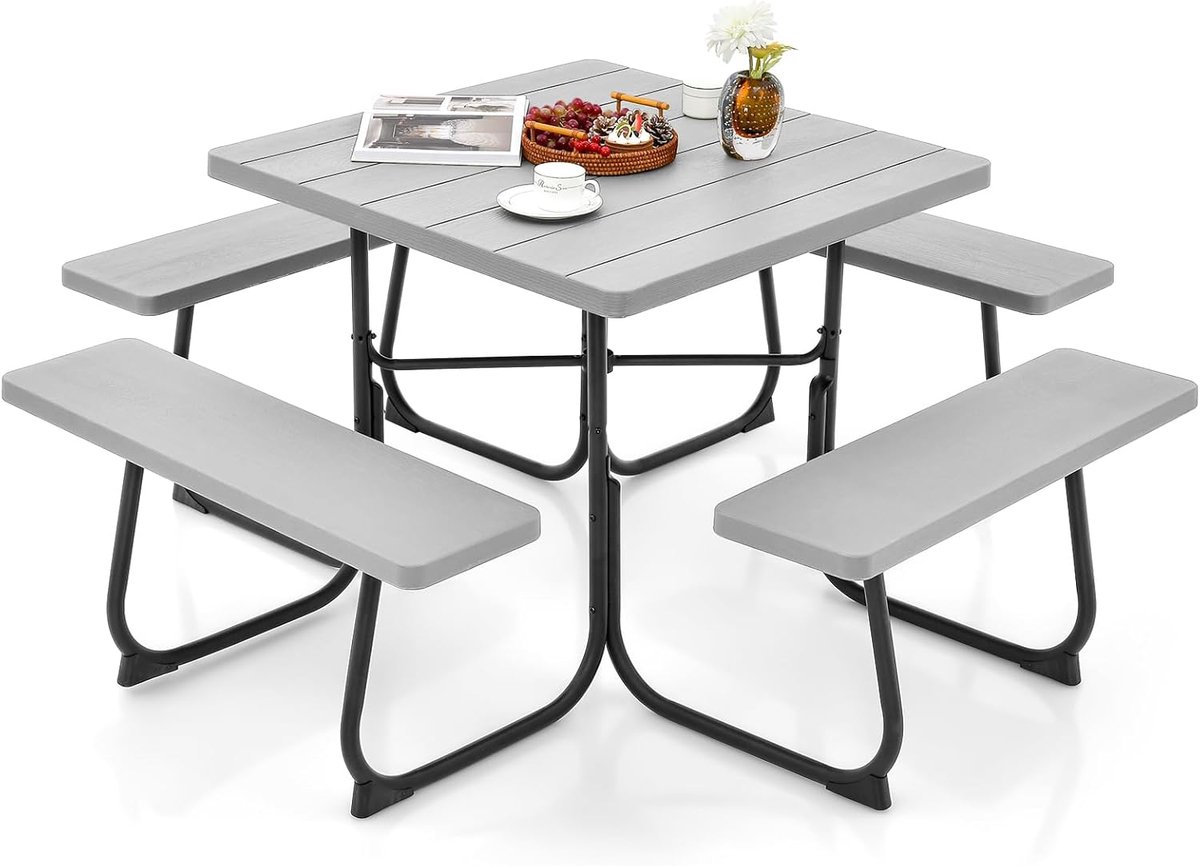 COSTWAY Zitgarnituur voor 8 personen, picknicktafel met parasolgat en 4 banken, vierkante tuintafel, tuingarnituur, tuinmeubelen, zitgroep voor tuin, terras (Grijs)