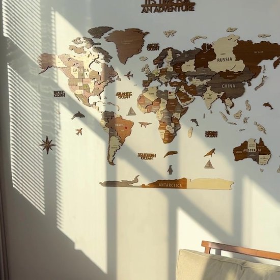 Décoration murale - Wereldkaart - Wereldkaart en bois - Wereldkaart 3D en bois - Tableau d' Wereldkaart - Mixte - Medium