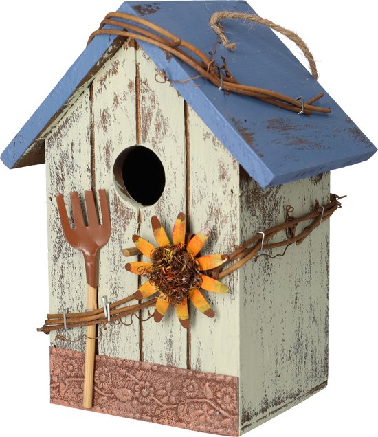 Nichoir - Joli nichoir pour oiseaux - Décoration pour le jardin ou sur l'arbre - Nichoir - Nid d'oiseau en bois - Convient par exemple pour la mésange charbonnière, le verdier, la mésange bleue et le troglodyte - Bleu clair et Blauw