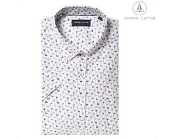 Chris Cayne heren overhemd korte mouw - maat XL - met borstzak - kleur zand/blauw - geprint dessin - 1078 - 100 % Katoen - shirt heren - shirt XL - borstzak