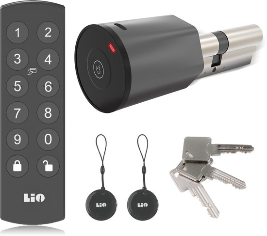 Serrure de porte intelligente sans fil avec cylindre de taille 30/35 (extérieur/intérieur) avec 3 clés, clavier avec 2 gouttes (étiquettes), Grijs/ Zwart, avec application gratuite