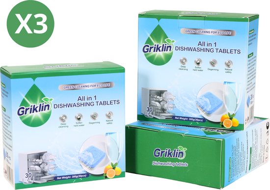Griklin® Vaatwastabletten - 3 x 30 Vaatwastabletten - Speciaal voor Mini Vaatwassers - Met Active Oxygen+ - Citroen