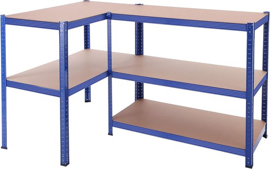 Blauw metalen magazijnrek in L-vorm met 3 legplanken.