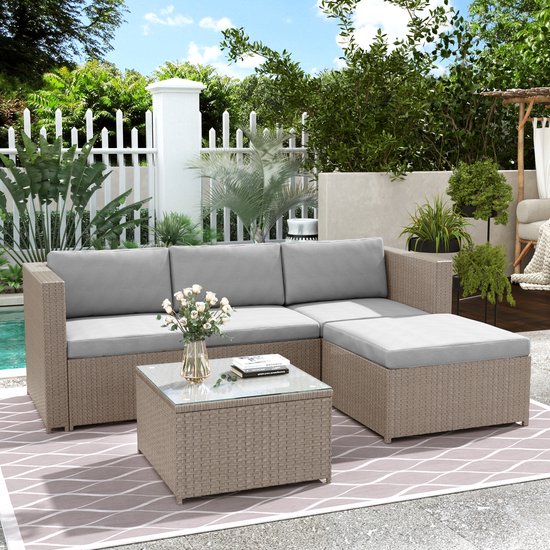 Sweiko Tuin Loungeset - Poly Rotan Tuinmeubelen - Hoekbank - Met zitkussens - Glazen tafelblad - Grijs + Khaki