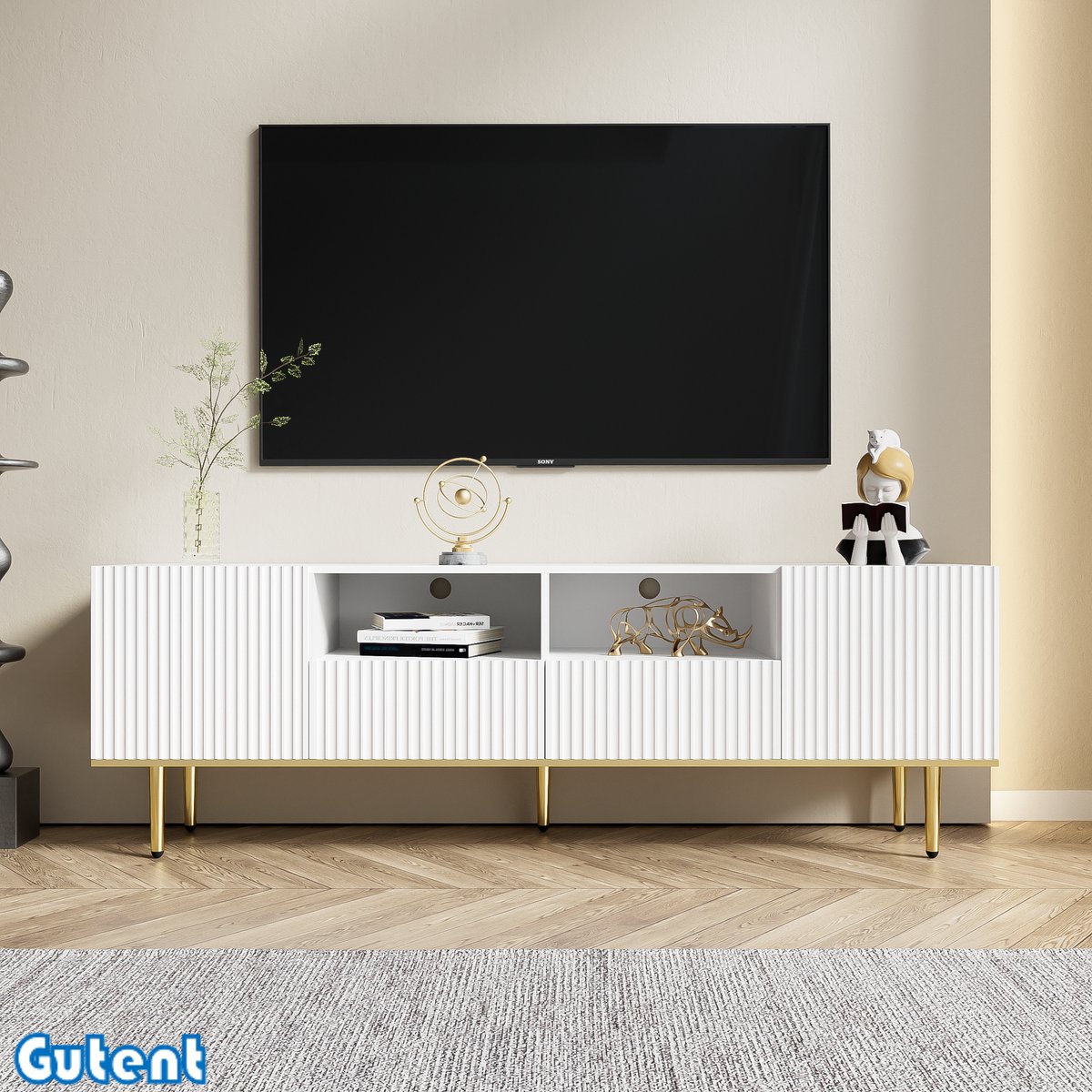 Gutent TV-kast-Moderne stijl-Gouden poten met gouden rand-Wit-Met opbergruimte
