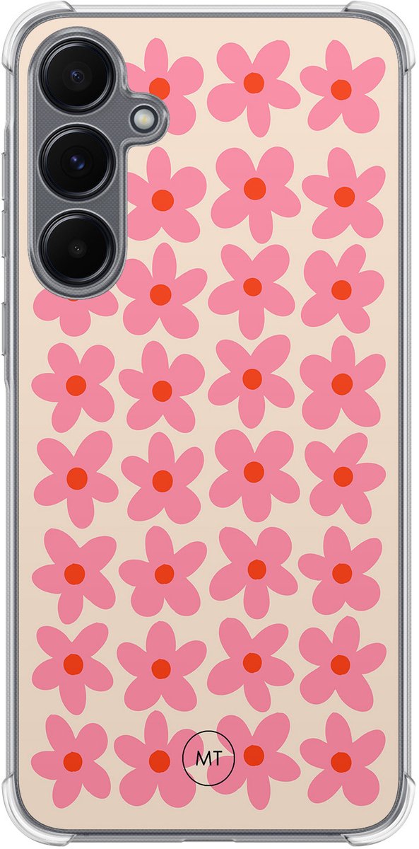 Hoesje (shockproof) geschikt voor Samsung Galaxy A55 - Retro Blooms - Extra sterke case - TPU/polycarbonaat - Bloemen - Roze, Transparant