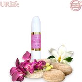 URlife Yoni Stick met witte en paarse bloemen, stenen en 100% Natural logo.