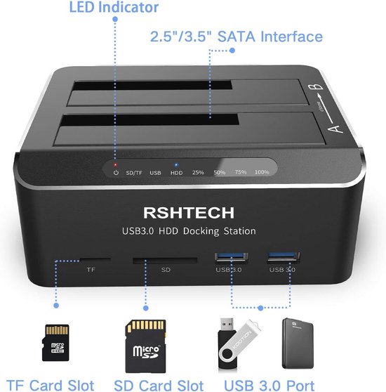Dual Bay Harde Schijf Docking Station - USB 3.0 Aluminium Dockingstation voor HDD & SSD - Offline Klonen, Ondersteunt SD/TF-Kaart van RSHTECH — afbeelding 5
