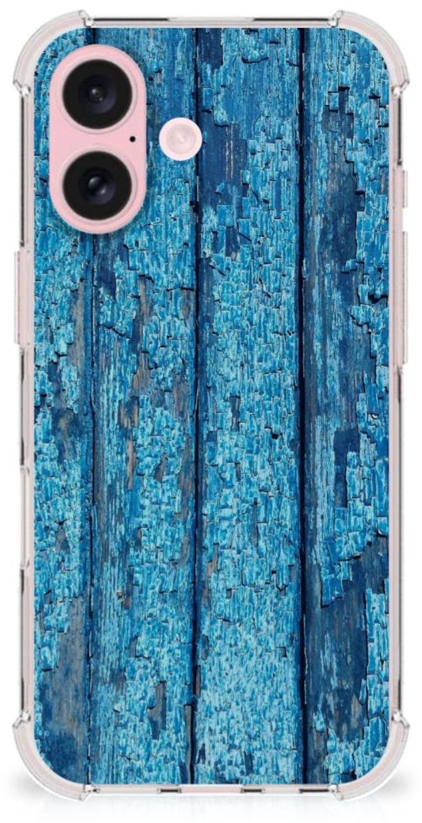 TPU Case Anti-Shock voor iPhone 16 Stevig Telefoonhoesje Wood Blue