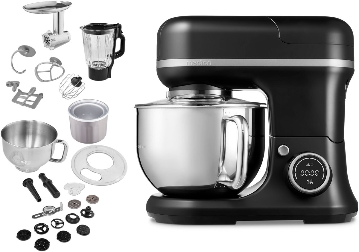 MEDION Keukenmachine met vleesmolen, blender 4-in-1, Zwart | IJskom voor ijsbereiding, 1200 W, raspen, snijden, kneden, deegmachine, MD18440