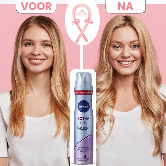 Voor en na foto van een vrouw met steil haar en met golvend haar, met de Nivea Extra Stark haarspray.