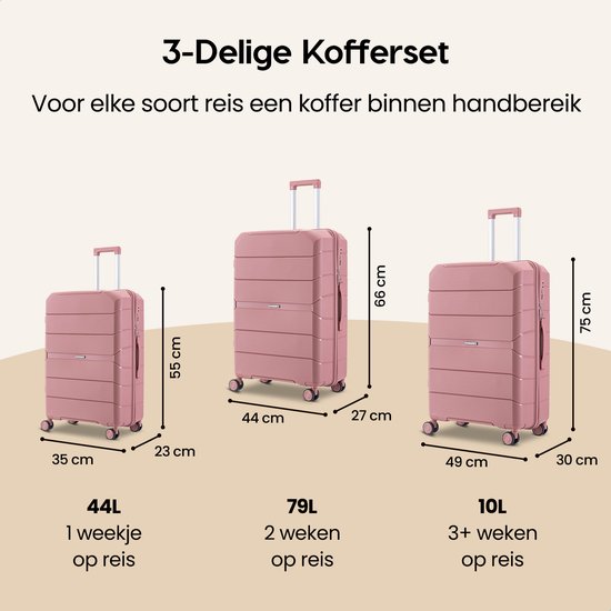 Drie roze koffers van verschillende groottes: 55 cm, 66 cm en 75 cm hoog.