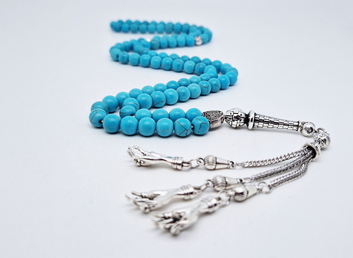 Handgemaakte tesbih "Tasbih" natuursteen "Turkoois" - Aantal kralen 99 - Diameter kralen 8MM - met metaal tassel "Palm" - Een mooi cadeau-idee