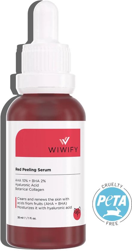 Wiwify Rood Peeling Serum - Poriënverstrakkende Anti-Acne - Regenererende Botanische Collageen peeling serum - AHA 10% + BHA 2% - Hyaluronzuur - 30 ml