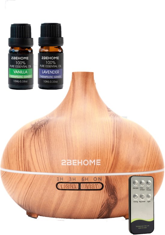 2BEHOME Aroma Diffuser 550ML met Afstandsbediening - 2 Etherische Oliën - Lichte Houtlook - Aroma Diffuser Luchtbevochtiger - Luchtverfrisser - Geurverspreider voor Aromatherapie - Aromadiffusers - Etherische Olie Lavendel