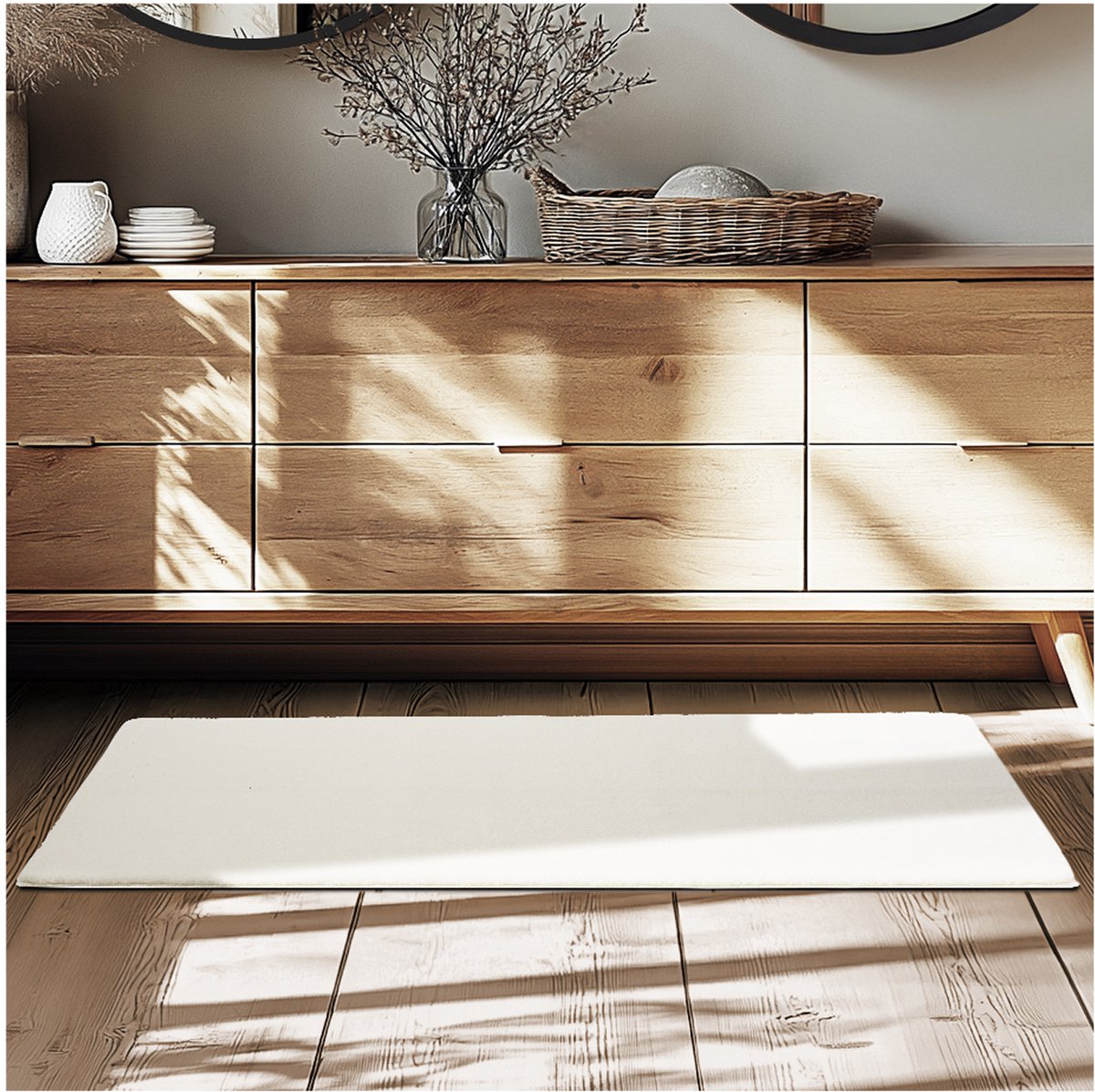 tectake® Kortpolig Vloerkleed - 60 x 110 cm - Creme - 1630 g/m² Poolgewicht - Tapijt voor Woonkamer, Slaapkamer, Eetkamer - Onderhoudsvriendelijk en Wasbaar - Antislip Ondertapijt - Allergievriendelijk - Diverse maten en kleuren