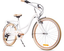 Flower Bike Kinderfiets 24 inch meisjes van 8 tot 12 jaar, Beige en wit, Fiets voor een meisje met 7 versnellingen, bagagedrager, metalen spatborden, V-brake, kettingkast