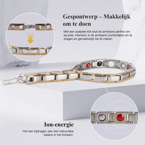 Zilverkleurige en gouden schakelarmband met rode, witte, zwarte en yin yang magneten. Gespontrek met duidelijke pijl.