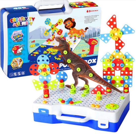 Playos® - Schroevendraai Dinosaurus - 3D Bouwen - in Blauwe Koffer - met Boormachine - Constructiespeelgoed - Educatief - Bouwen