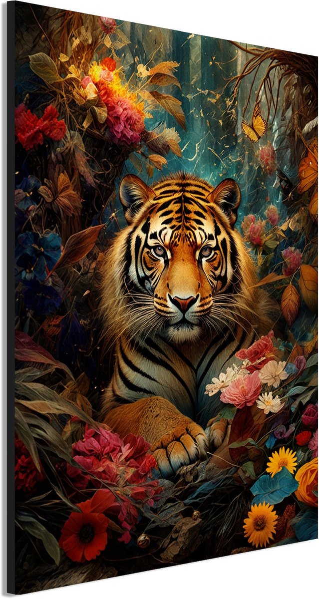 Wanddecoratie Metaal - Aluminium Schilderij Tijgerbloei in mystiek - 90 x 60 cm - Tijger - Muurdecoratie woonkamer en slaapkamer - Inclusief ophangsysteem - Modern - Modern - Displate alternatief
