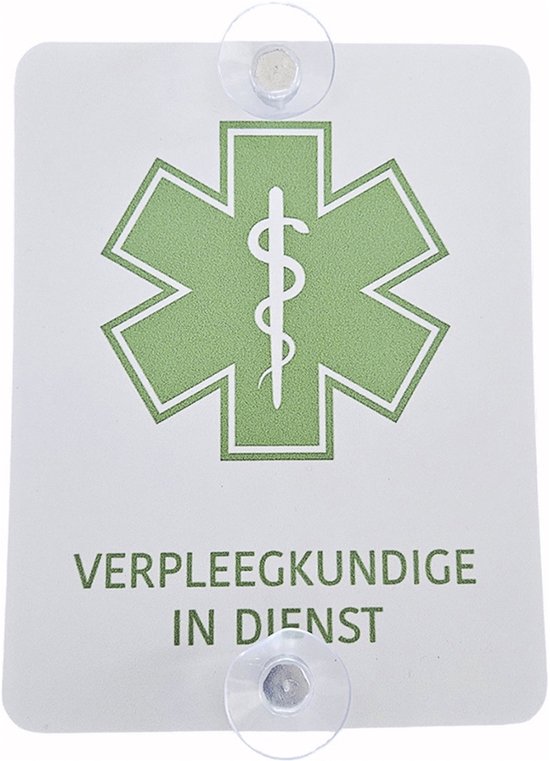 Autobord "Verpleegkundige in dienst" | 14 x 18 cm | + 2 zuignappen | Tijdelijk label autoraam | Autoruit | Verpleegster | Nurse | Dokter | Medische assistentie | Verpleging | Verpleger | 1 stuk