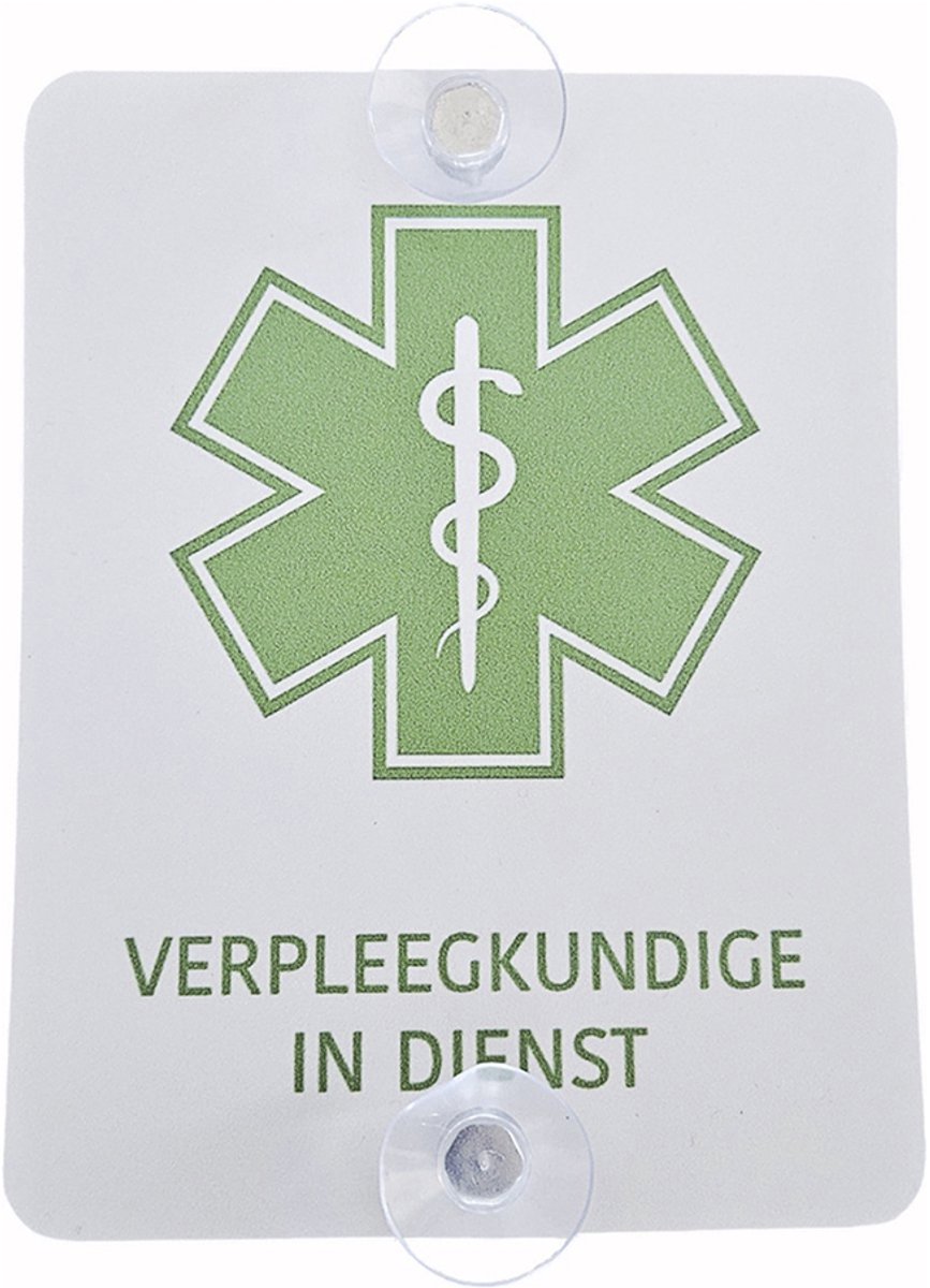 Autobord "Verpleegkundige in dienst" | 14 x 18 cm | + 2 zuignappen | Tijdelijk label autoraam | Autoruit | Verpleegster | Nurse | Dokter | Medische assistentie | Verpleging | Verpleger | 1 stuk