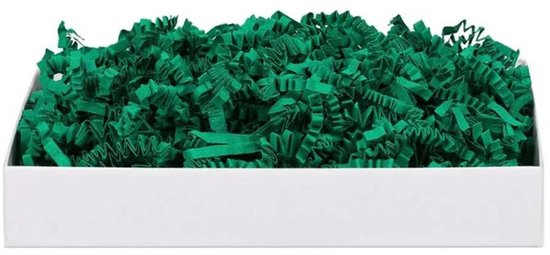Witte geschenkdoos gevuld met kroezend smaragdgroen opvulpapier.