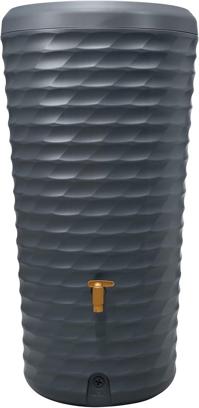Cuve à eau grise avec relief ondulé et un robinet doré sur le devant. Le dessous montre un symbole plus.