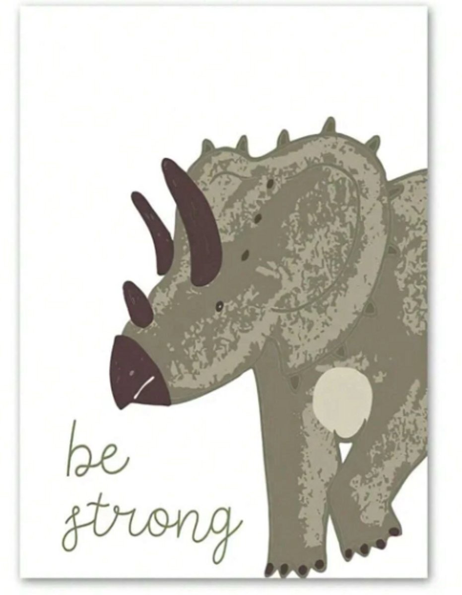Canvas Doek 50x70 cm | Wanddecoratie kinderkamer Dinosaurus | Dino's - Triceratops | Neutrale kleuren | Muurdecoratie babykamer | Baby accessoires | Los Canvasdoek