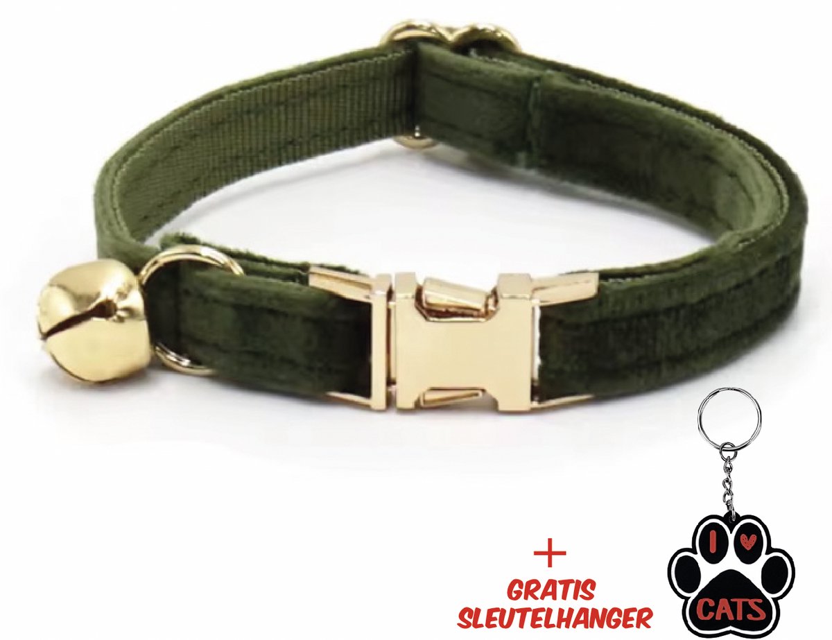 SilverAndCoco® - Donker Groene Katten Halsband met Bel met Gratis Sleutelhanger | Velvet Kat Kitten Bandje met belletje | Kattenhalsband Suède Gouden | Kleding Decoratie | Kattenbandje Huisdier - Groen / Goud