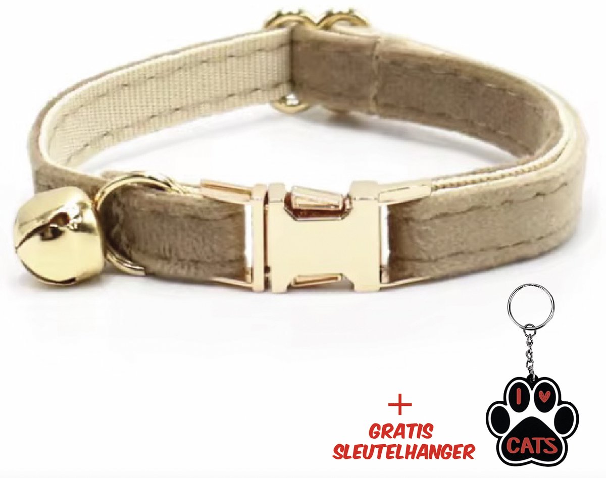 SilverAndCoco® - Camel Katten Halsband met Bel met Gratis Sleutelhanger | Velvet Kat Kitten Bandje met belletje | Kattenhalsband Suède Gouden | Kleding Decoratie | Kattenbandje Huisdier - Goud
