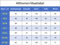 Maattabel in cm voor kledinglengte, schouder, borst, taille en mouw.