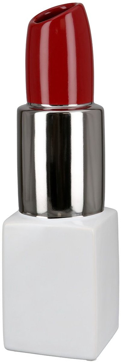 Gilde Handwerk - Vaas - Lipstick - Lippenstift Vaas - Keramiek - 20x6 cm wit zilver rood