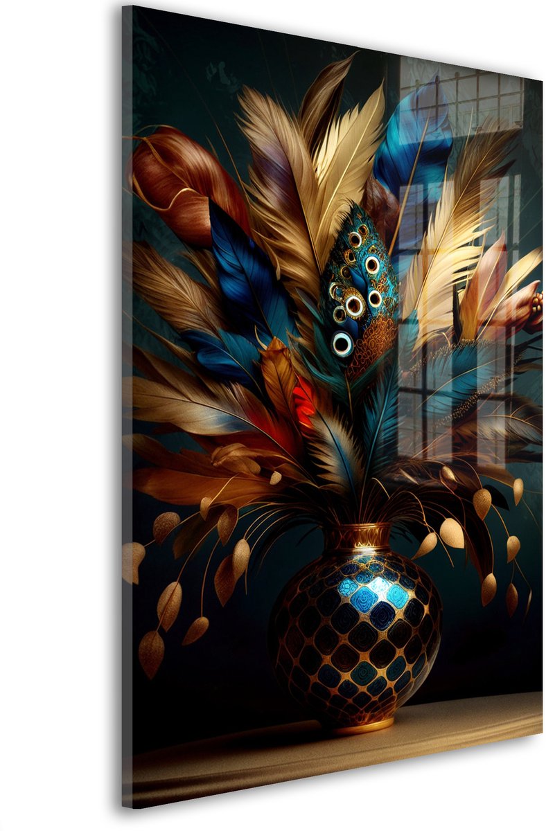 Glasschilderij Gouden veerensymfonie kunstwerk - 60 x 40 cm - Vaas - Kunst - Acrylaat - Inclusief wandbevestiging - Foto op plexiglas - Wanddecoratie woonkamer – Modern – Klassiek