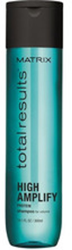 Bouteille de shampooing Matrix High Amplify, 300 ml. Bouteille turquoise avec bouchon noir. Texte : "total results", "HIGH AMPLIFY".