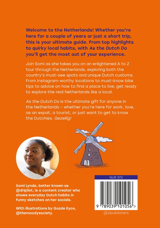 Achterkant van het boek 'As the Dutch Do', een gids over Nederland met een portret van Sbarui Lynda en een illustratie van een windmolen.